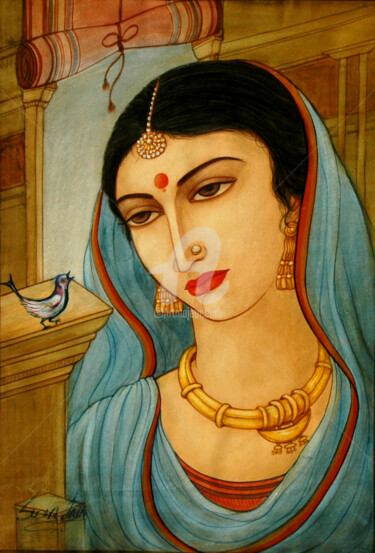 Painting titled "LADY WITH THE BIRD" by Suddha Sama, Original Artwork, Watercolor