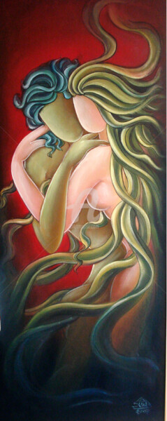 Painting titled "divine soulmates" by Suddha Sama, Original Artwork, Oil Mounted on Wood Stretcher frame