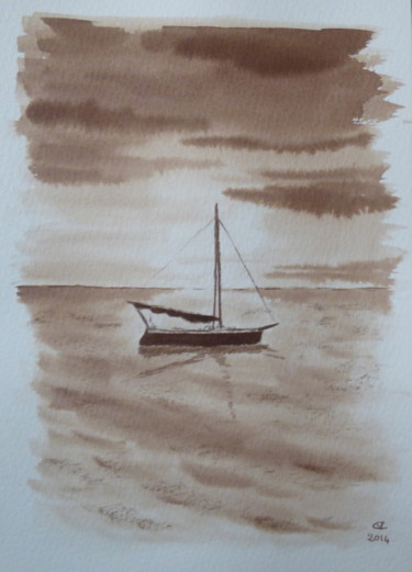 Peinture intitulée "Lone boat on a Devo…" par Véronique Crombé, Œuvre d'art originale, Encre