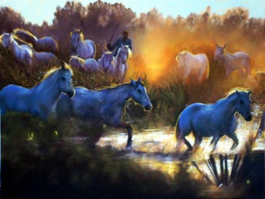 LES CAMARGUES Peinture intitulée "LES CAMARGUES" par Yva Arvis, Œuvre d'art originale, Pastel