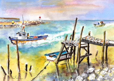 Peinture intitulée "Boardwalks and Boat…" par Miki De Goodaboom, Œuvre d'art originale, Aquarelle
