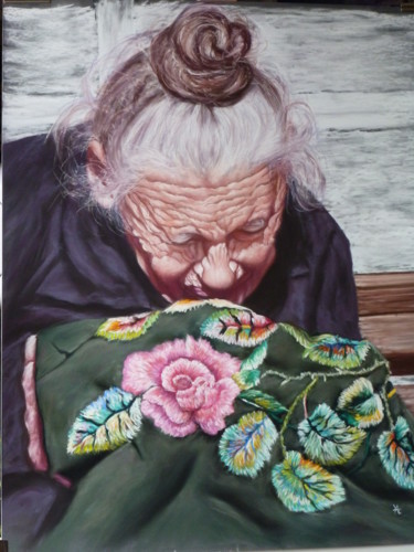 BRODEUSE SUR LE BANC Peinture intitulée "BRODEUSE SUR LE BANC" par Yva Arvis, Œuvre d'art originale, Pastel