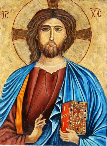 Pittura intitolato "christ-pantocratore…" da Catherine Digue - Turpin, Opera d'arte originale, Tempera