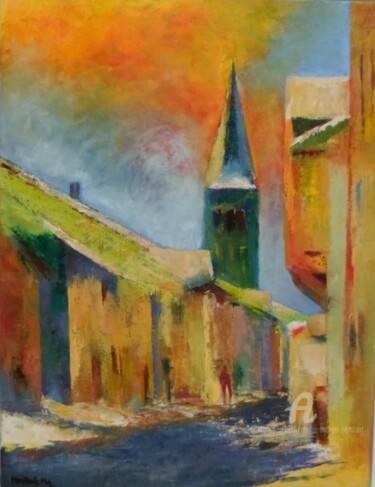 Peinture intitulée "Au coeur du village" par Marie Andrée Hembert, Œuvre d'art originale, Huile