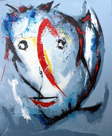 Painting titled "1138 Portrait robot" by Jean-Luc Lopez, Original Artwork, Acrylic Mounted on Wood Stretcher frame