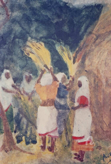 Paddy Threshing Painting titled "Paddy Threshing" by Prodip Kumar Sengupta, Original Artwork, Watercolor
