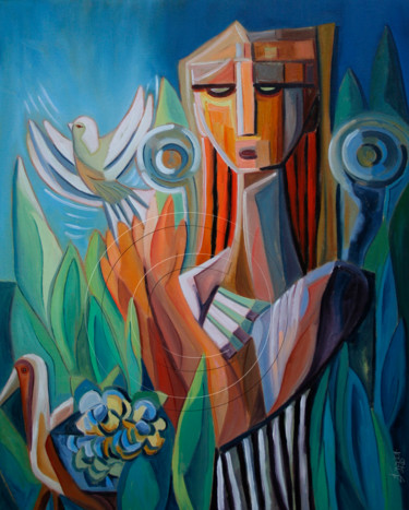 Painting titled "Entre Alas de Amor" by Dania Sierra, Original Artwork, Oil