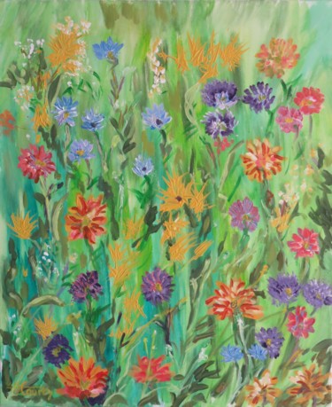 Peinture intitulée "Prairie fleurie" par Myriam Courty, Œuvre d'art originale, Acrylique Monté sur Châssis en bois