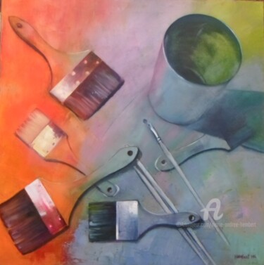 Peinture intitulée "pinceaux brosses pot" par Marie Andrée Hembert, Œuvre d'art originale, Huile