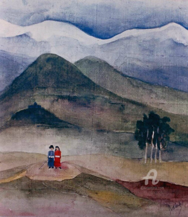 Pahari Painting titled "Pahari" by Prodip Kumar Sengupta, Original Artwork, Watercolor