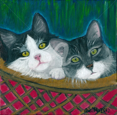 Kittes In a Basket Painting titled "Kittes In a Basket" by Ania M Milo, Original Artwork, Acrylic