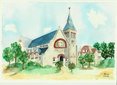 Eglise du Touquet Peinture intitulée "Eglise du Touquet" par Marie-José Longuet, Œuvre d'art originale, Aquarelle
