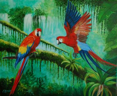 deux aras rouges --acrylique sur toile signée Peinture intitulée "deux aras rouges -…" par Patricia Giroldini Hyvernat, Œuvre d'art originale, Acrylique