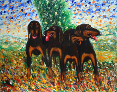 Peinture intitulée "4 limiers" par Marco Perna, Œuvre d'art originale, Huile Monté sur Châssis en bois