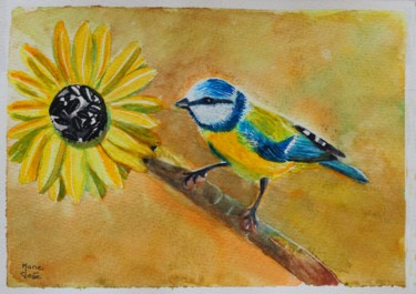 Mésange bleue picorant un porte graines Peinture intitulée "Mésange bleue picor…" par Marie-José Longuet, Œuvre d'art originale, Aquarelle