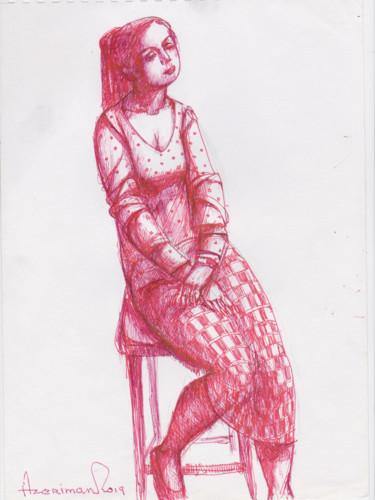 「The sittend girl」というタイトルの描画 Azerimanによって, オリジナルのアートワーク, インク 段ボールにマウント
