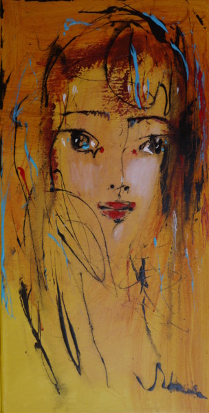 「Portrait in ochre t…」というタイトルの絵画 Oksana Veberによって, オリジナルのアートワーク, アクリル ウッドストレッチャーフレームにマウント