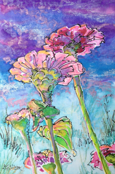 Schilderij getiteld "Zinnias at Dusk" door Gloria Nilsson, Origineel Kunstwerk, Anders