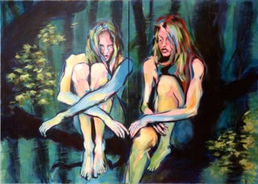 Les femmes louves dans la forêt Peinture intitulée "Les femmes louves d…" par Patdumez, Œuvre d'art originale, Acrylique Monté sur Châssis en bois