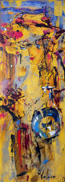 Carrying a blue bottle Painting titled "Carrying a blue bot…" by Oksana Veber, Original Artwork, Acrylic Mounted on Wood Stretcher frame