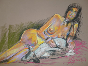 Peinture intitulée "Modèle et animal" par Pierre Feyeux, Œuvre d'art originale, Pastel