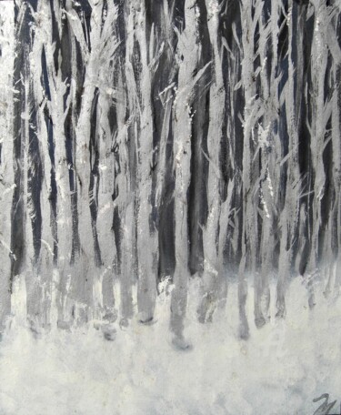 Silver Trees in Moonlight Painting titled "Silver Trees in Moo…" by Michela Curtis, Original Artwork, Oil Mounted on Other rigid panel