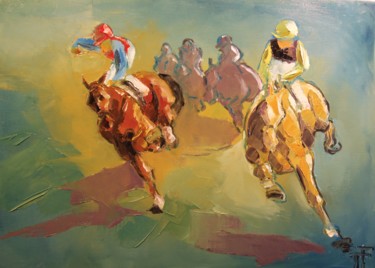 Painting titled "Lutte-de-face" by Thierry Faure, Original Artwork, Oil Mounted on Wood Stretcher frame