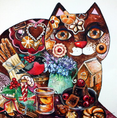 Painting titled "Chat gâteaux de Noël" by Oxana Zaika, Original Artwork, Watercolor