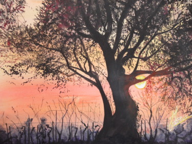 Painting titled "Coucher en cote du…" by Jean Marc Collombat, Original Artwork, Watercolor