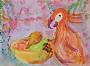 The Parrot and The Bowl of Fruit Peinture intitulée "The Parrot and The…" par Michela Curtis, Œuvre d'art originale, Acrylique