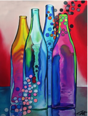 Drawing titled "BOUTEILLES EN FETE" by Catherine Wernette, Original Artwork, Pastel