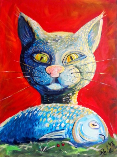 Painting titled "katze-mit-fisch.jpg" by Predrag Gardasevic, Original Artwork