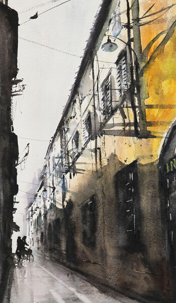 Painting titled "Como by bicycle" by Manu Toxxic, Original Artwork, Watercolor
