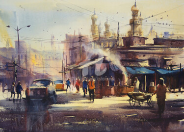 Painting titled "oldcity.jpg" by Kishore Singh, Original Artwork, Watercolor
