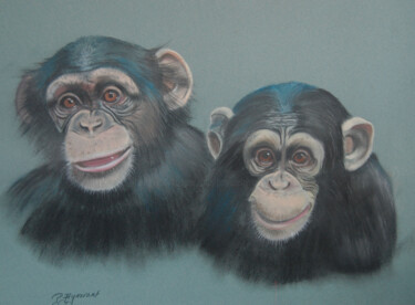 les deux amis (chimpanzés) pastel original signé Рисунок под названием "les deux amis (chi…" - Patricia Giroldini Hyvernat, Подлинное произведение искусства, Пастель