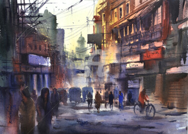 Painting titled "Varanasi_Street" by Kishore Singh, Original Artwork, Watercolor
