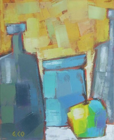 Peinture intitulée "Poteries et pomme" par Gérard Cottereau, Œuvre d'art originale, Huile