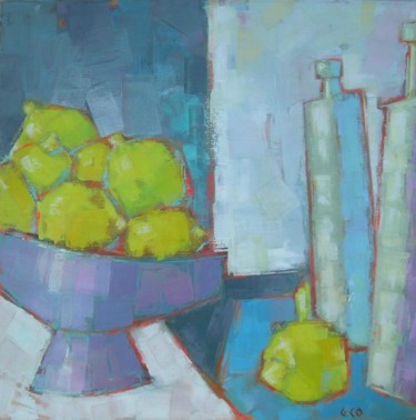 Peinture intitulée "Bouteilles et citro…" par Gérard Cottereau, Œuvre d'art originale, Huile