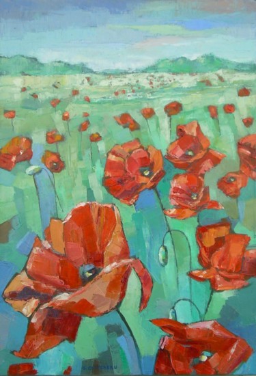 Peinture intitulée "Champ de coquelicots" par Gérard Cottereau, Œuvre d'art originale