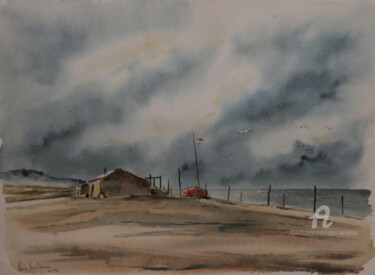 Cabane sur la plage Peinture intitulée "Cabane sur la plage" par Alain Devienne, Œuvre d'art originale, Aquarelle