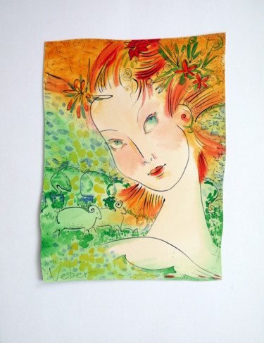 绘画 标题为“Portrait in green f…” 由Oksana Veber, 原创艺术品, 水彩 安装在纸板上