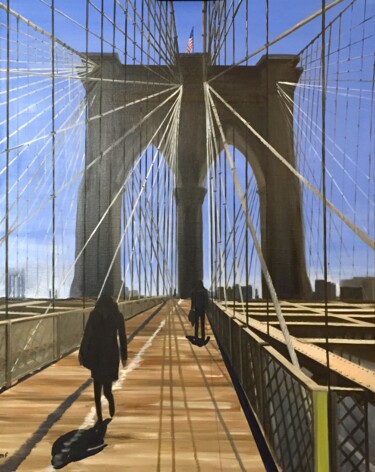 Le Brooklyn bridge Peinture intitulée "Le Brooklyn bridge" par Marie France Garrigues, Œuvre d'art originale, Huile Monté sur Châssis en bois