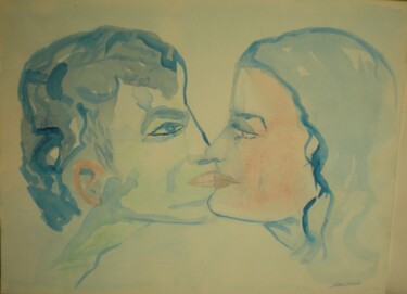 Peinture intitulée "LE BAISER BLEU" par Jacqueline Claux (Jaklinclo), Œuvre d'art originale, Aquarelle