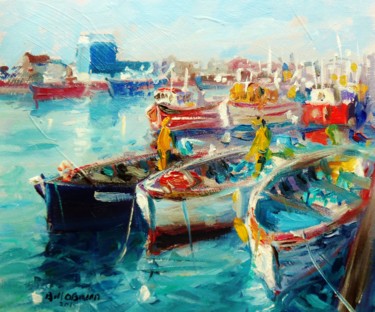 Malerei mit dem Titel "Howth Lobster Boats…" von Bill O'Brien, Original-Kunstwerk, Öl