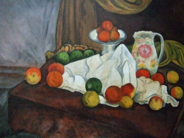 Nature-morte (fruits, pichet, compotier) Peinture intitulée "Nature-morte (fruit…" par John Regnier, Œuvre d'art originale, Huile Monté sur Châssis en bois