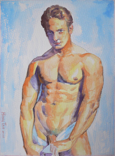 WATERCOLOR PAINTING MALE NUDE #170809 Pintura intitulada "WATERCOLOR PAINTING…" por Hongtao Huang, Obras de arte originais, Aquarela