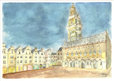 Nuit à Arras . Place des héros et son Beffroi Painting titled "Nuit à Arras . Plac…" by Marie-José Longuet, Original Artwork, Watercolor