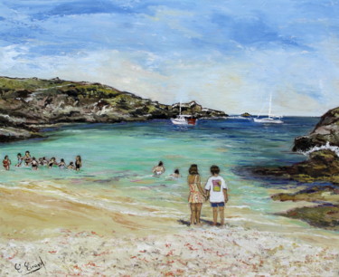Painting titled "LA PLAGE (Belle ile…" by Claude Evrard, Original Artwork, Oil Mounted on Wood Stretcher frame