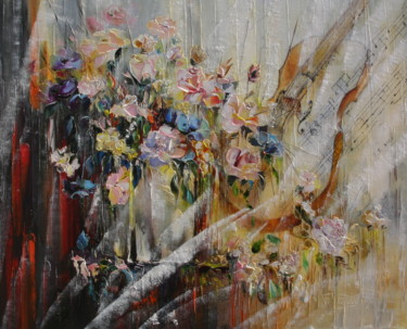 Peinture intitulée "ROSES ET VIOLON" par Françoise Pascal, Œuvre d'art originale, Huile