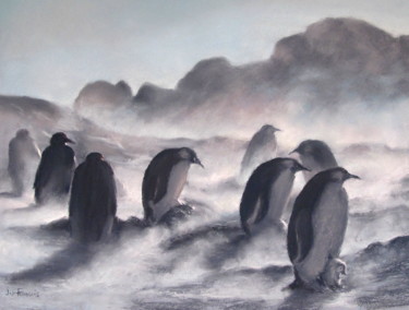 Painting titled "Manchots" by Josette Francois, Original Artwork, Pastel